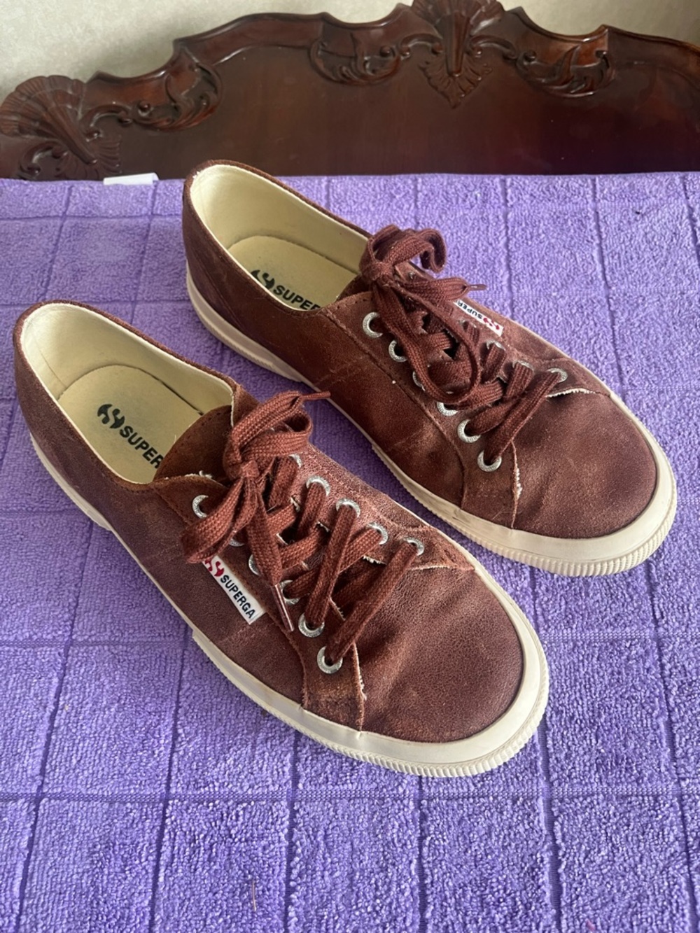 Superga Brown Distressed Leather Low-Top Sneakers with Cream Sole M 7 W 8.5